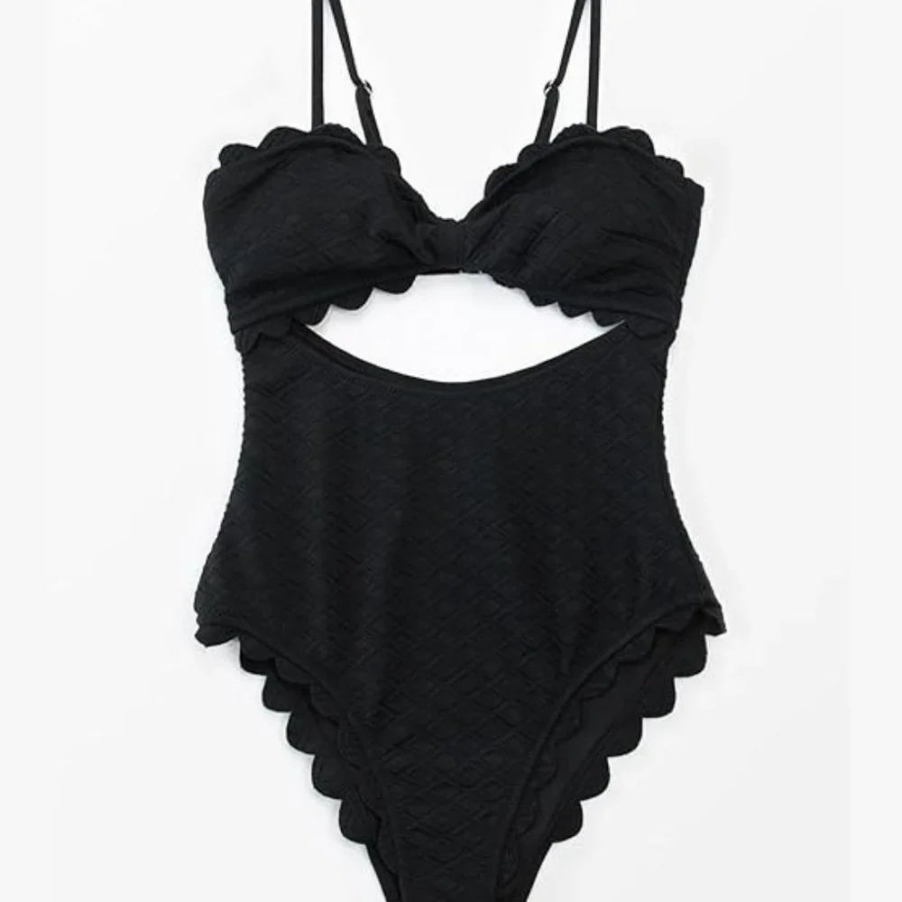 CUPSHE Women's One Piece Swimsuit Dize L Black Cutout Scallop Trim Bathing Suit - Picture 2 of 4
